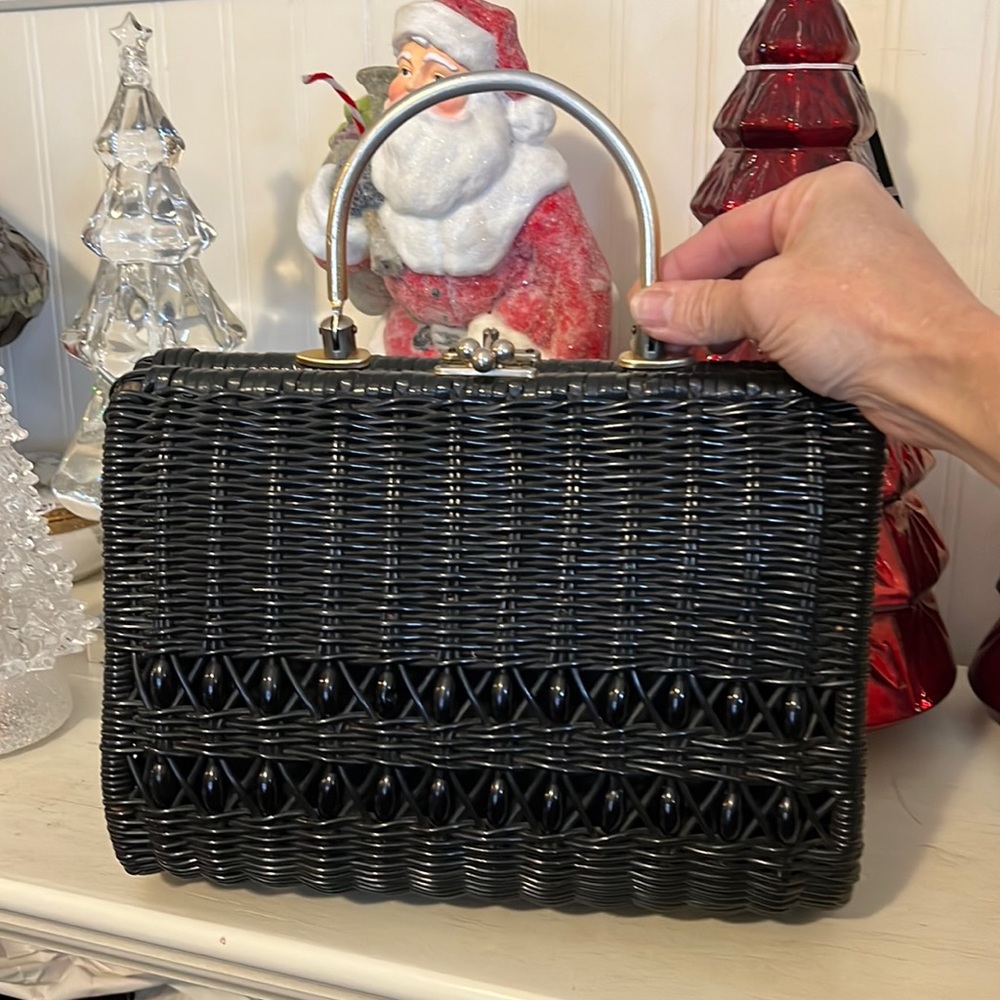 Rare Handmade Rattan beaded satchel British Colony Hong Kong black purse